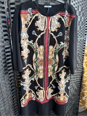 Zara Black Midi Dress with Gold, Green & Red Baroque Print